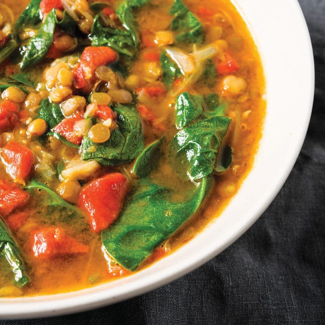 Spinach and Green Lentil Soup with Roasted Peppers