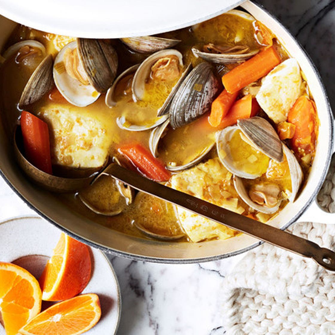 Clams and White Fish in Carrot-Saffron Broth