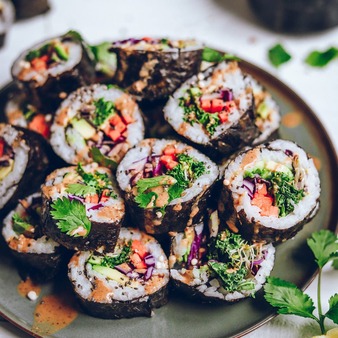 Veggie Rainbow Sushi Rolls with Tamari Almond Butter Sauce