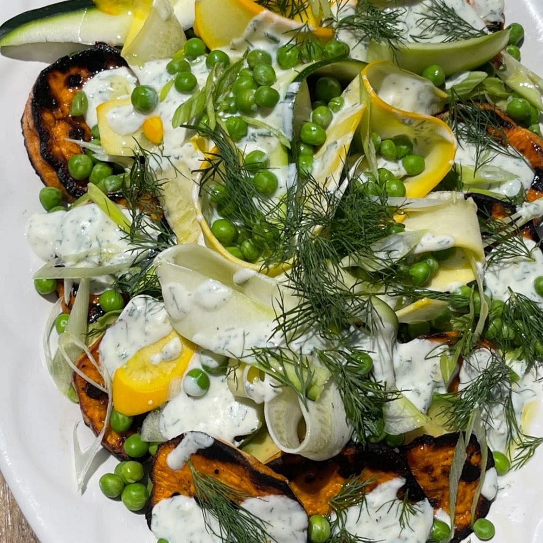 Grilled Sweet Potato & Zucchini Salad with Dill Yogurt Dressing 