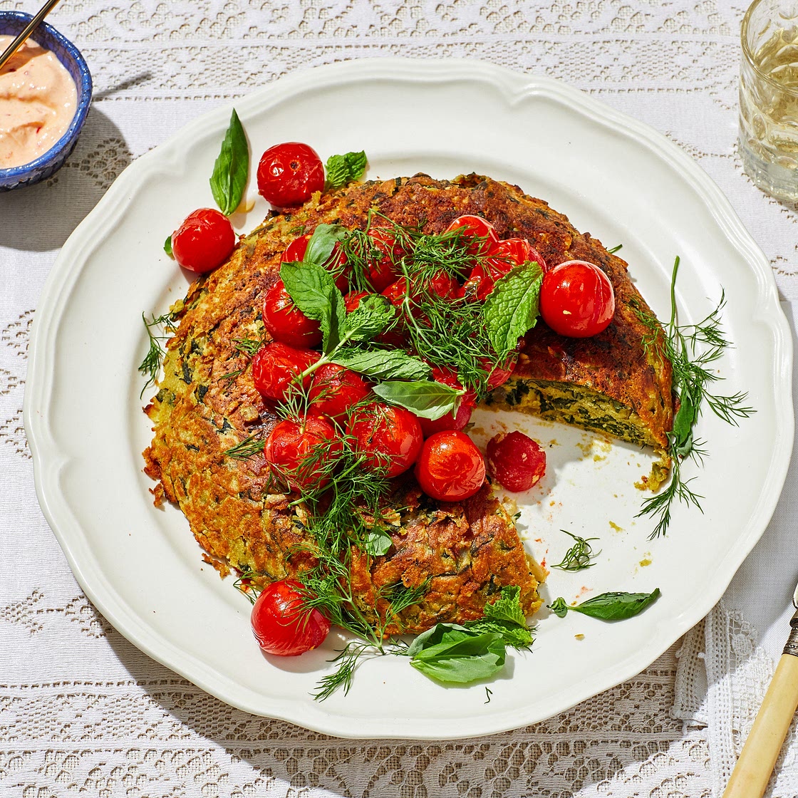 Swiss Chard Pakora Pancake with Burst Tomatoes