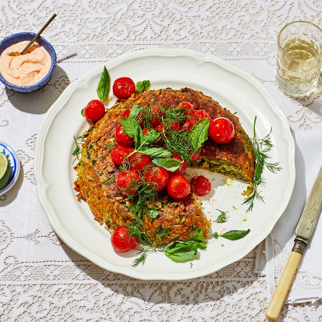 Swiss Chard Pakora Pancake with Burst Tomatoes