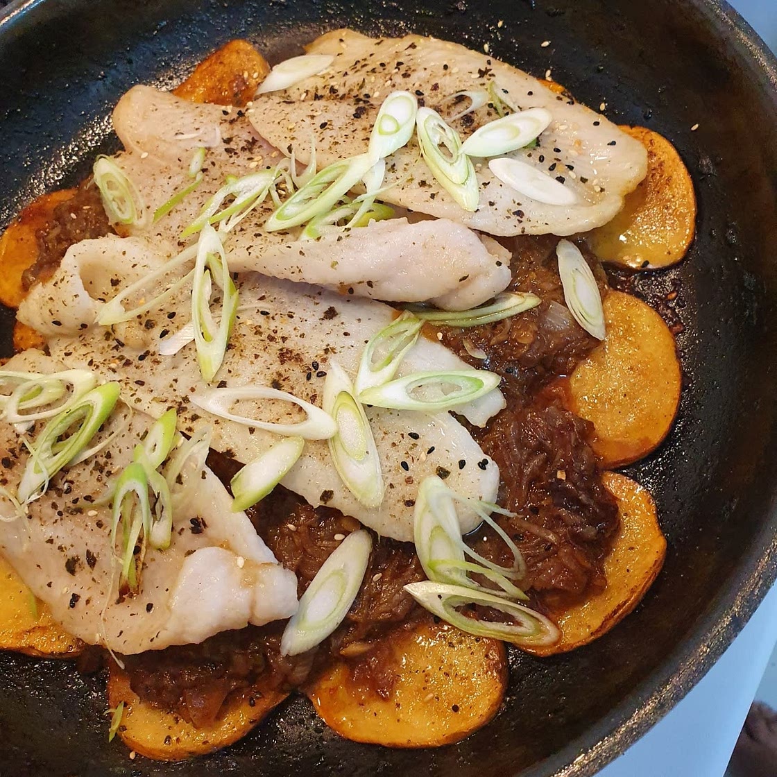 Cod With Soy-Caramelized Onions and Potatoes