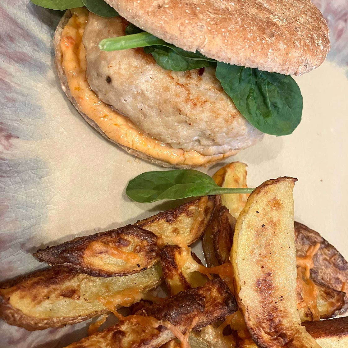 Mozzarella Stuffed Turkey Burger with Parmesan potato wedges