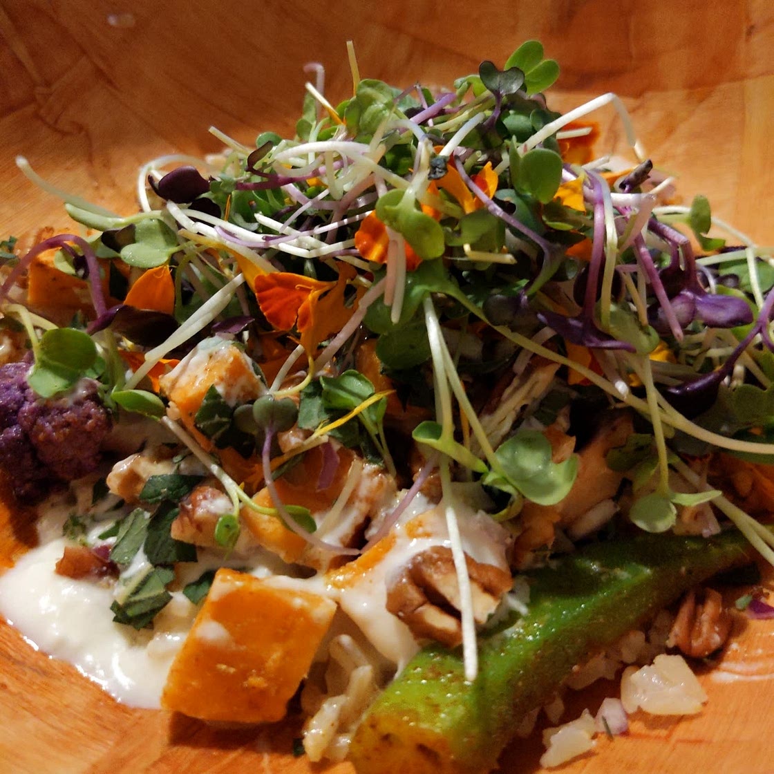 Spiced Roast Cauliflower, sweet potato and okra with yoghurt and almonds