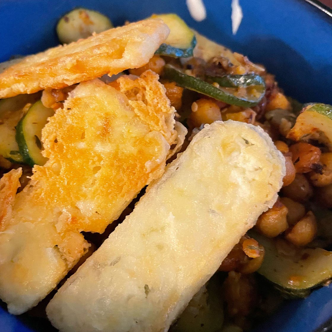 Crispy Lemon Feta with Spiced Chickpeas and Basil Orzo