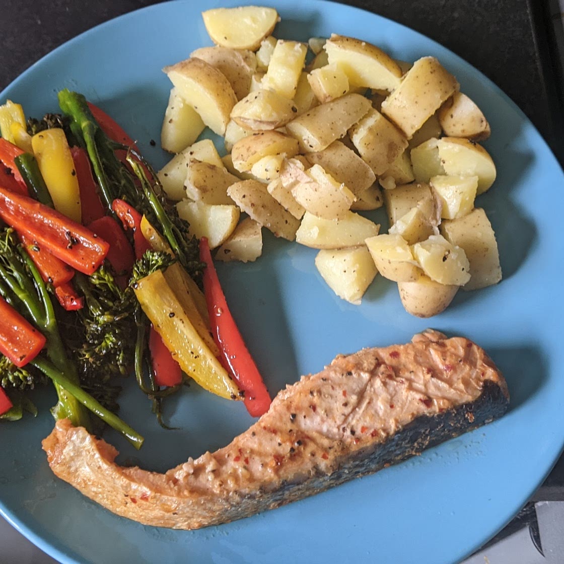 Chilli Ginger Salmon w/ Roasted Veg + Buttery Potatoes