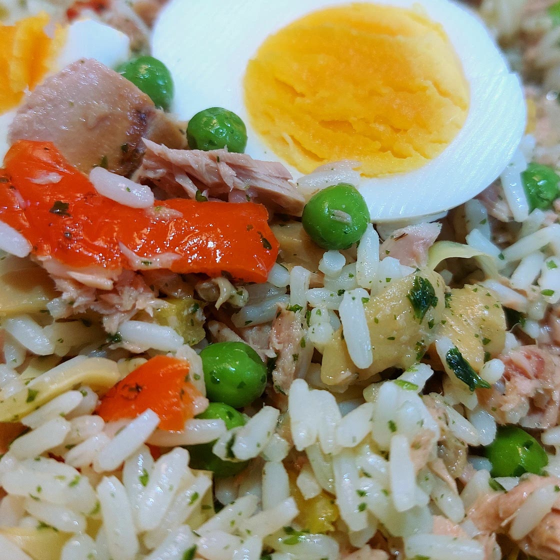 Rice salad - Tuna, eggs, peas, and pickled vegetables.