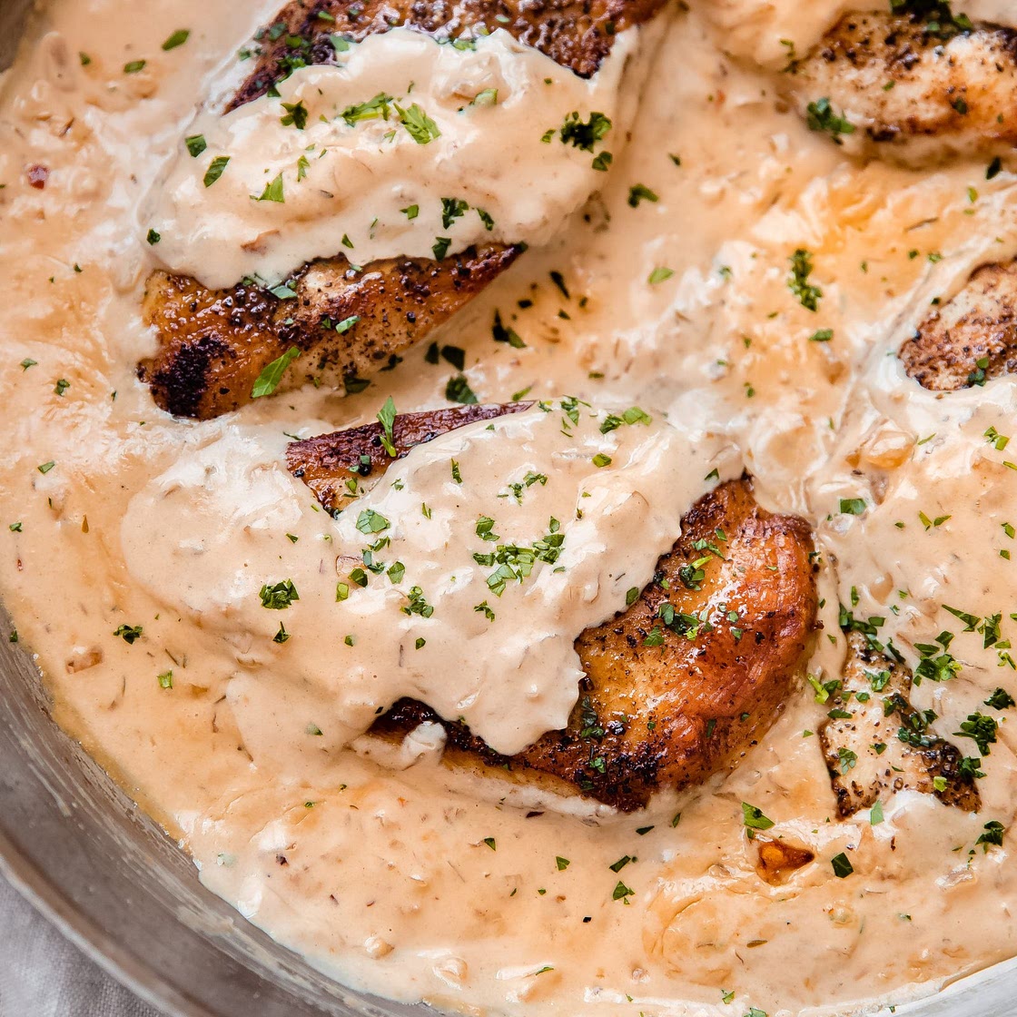Skillet Chicken in Balsamic Caramelized Onion Cream Sauce