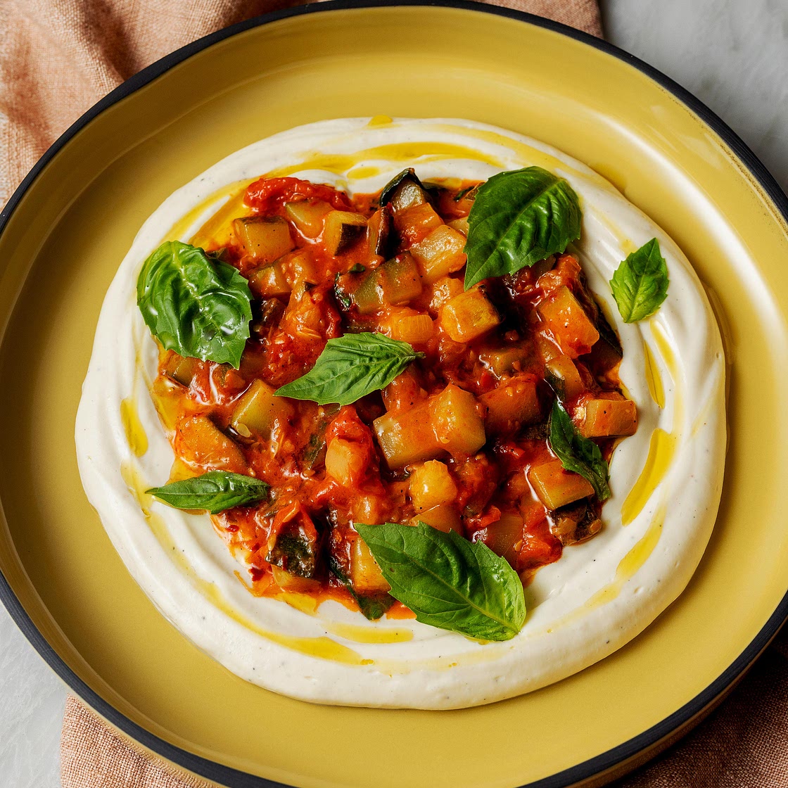 Whipped Tofu with Stewed Zucchini and Tomatoes