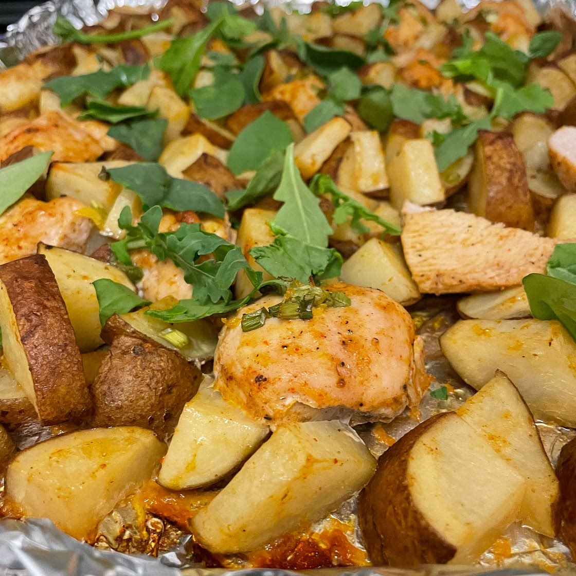 Sheet-Pan Chicken With Potatoes, Arugula and Garlic Yogurt