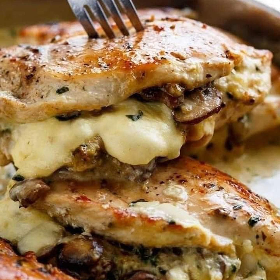 Cheesy Garlic Butter Mushroom Stuffed Chicken