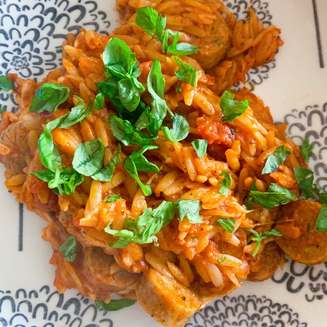 One Pot Chicken Sausage Baked Orzo