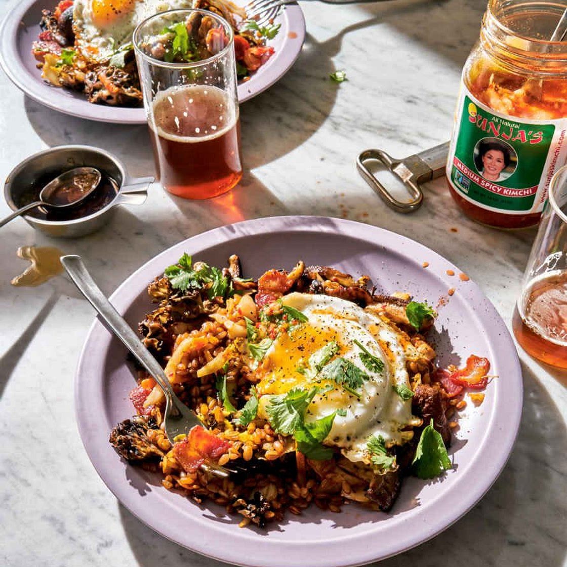 Fried grains with bacon, mushrooms, and kimchi