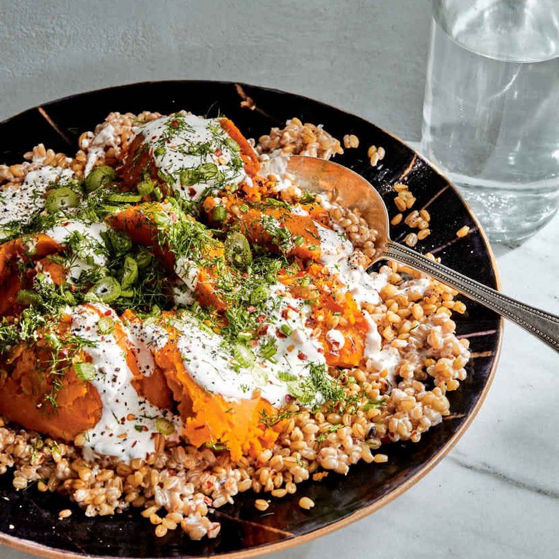 Grains and roasted squash with spicy buttermilk dressing