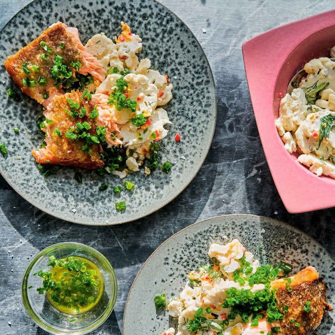 Pan-roasted salmon with cauli-tartar sauce and chive vinaigrette