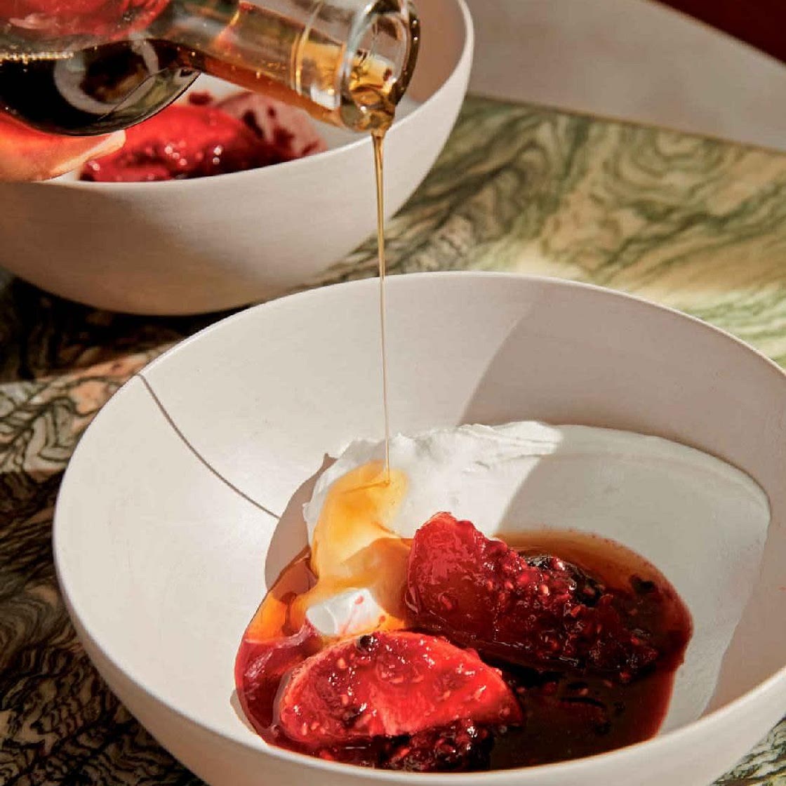 Fruit compote with labneh, maple syrup, and olive oil