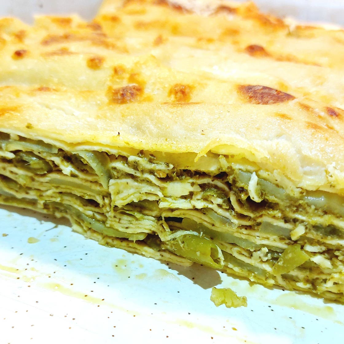 Lasagne with basil pesto, potatoes and green beans