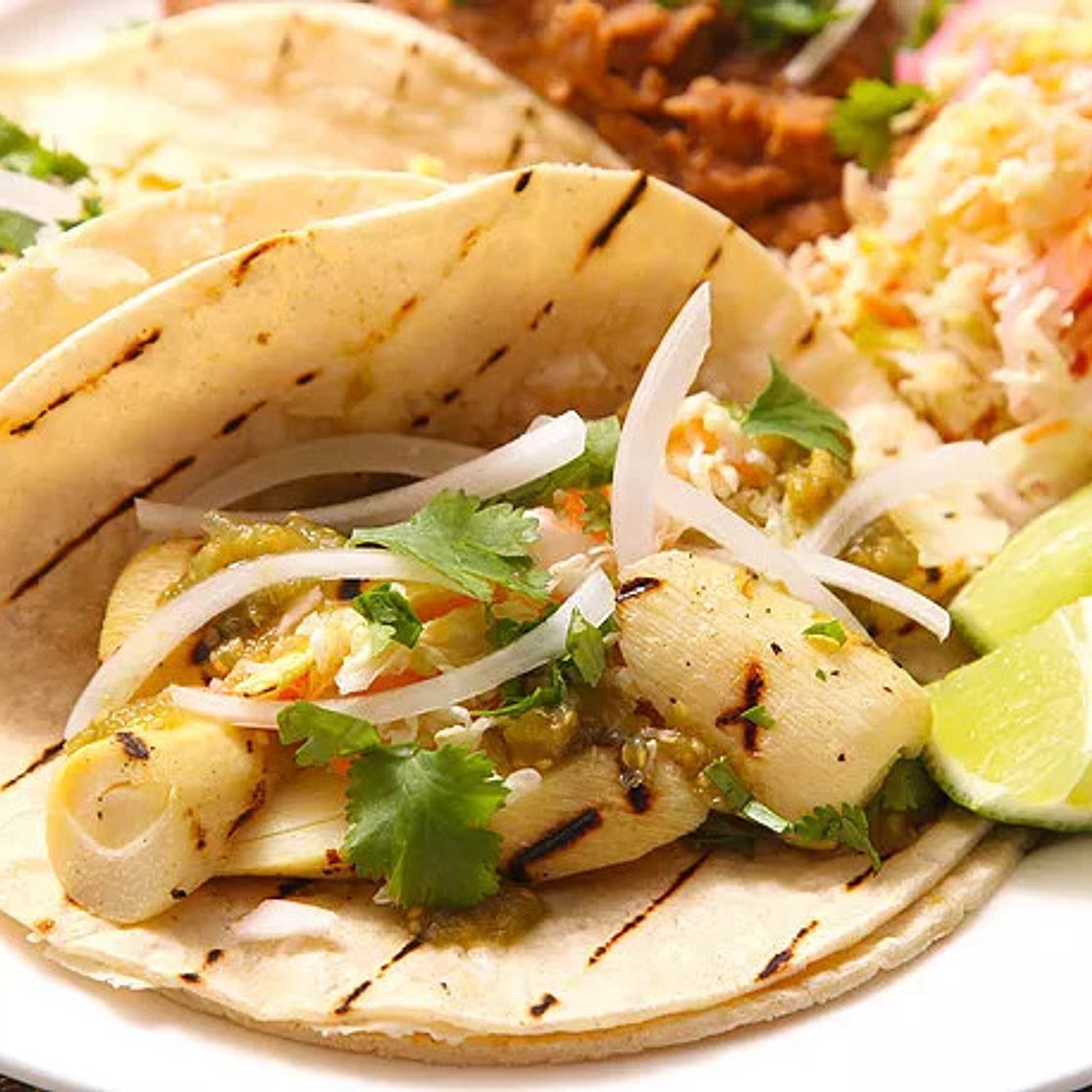 Grilled Marinated Heart of Palm Tacos With Spicy Cabbage Slaw (two optional sauces to use with plain cabbage)
