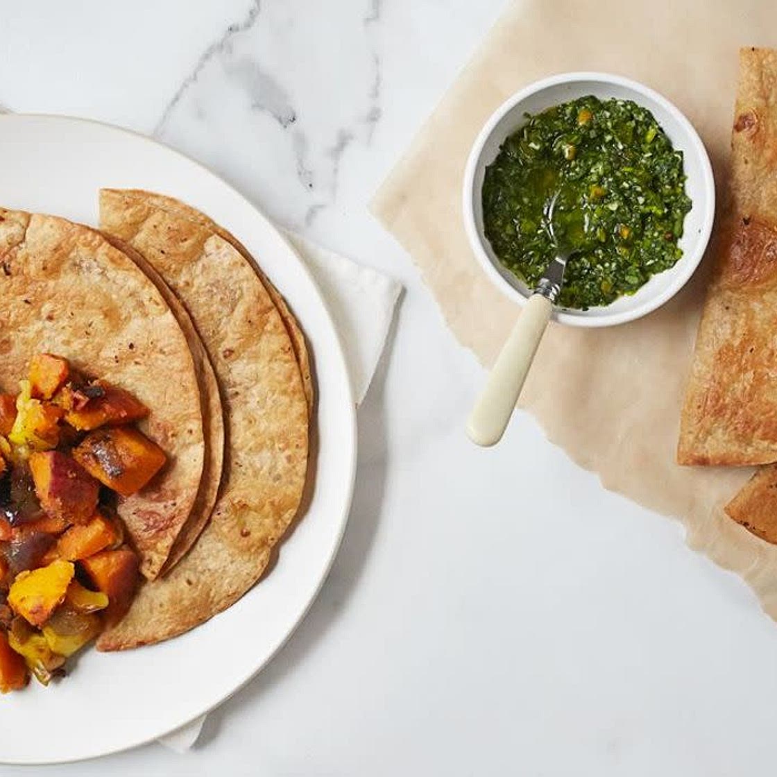 Kabocha-Apple Shawarma  with Cilantro-Parsley Zhoug