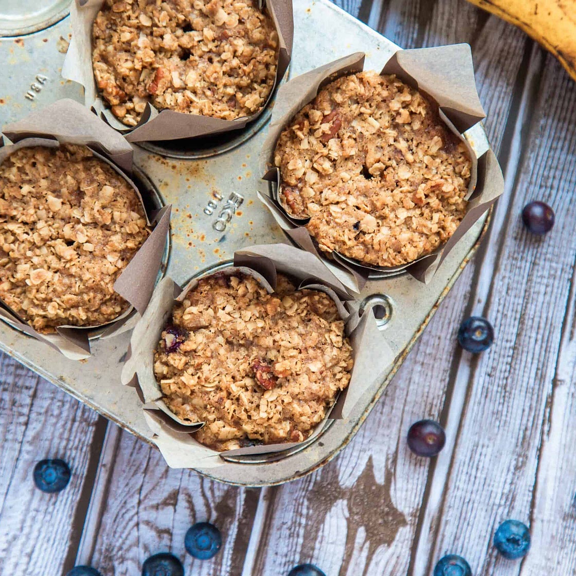 Blueberry Banana Bread Muffins with Oat and Pecan Crumble Topping