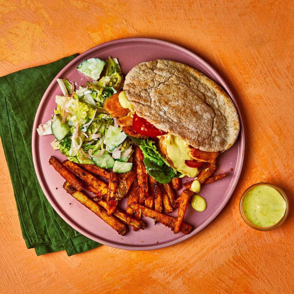 Greek-style battered halloumi sandwich with garlic fries