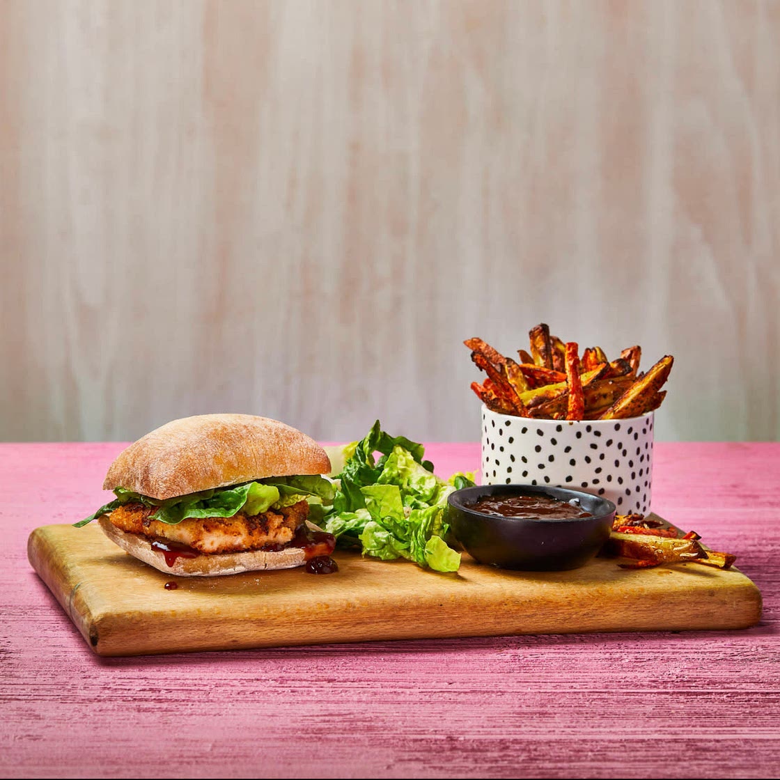 Crispy onion fried chicken and gravy burger