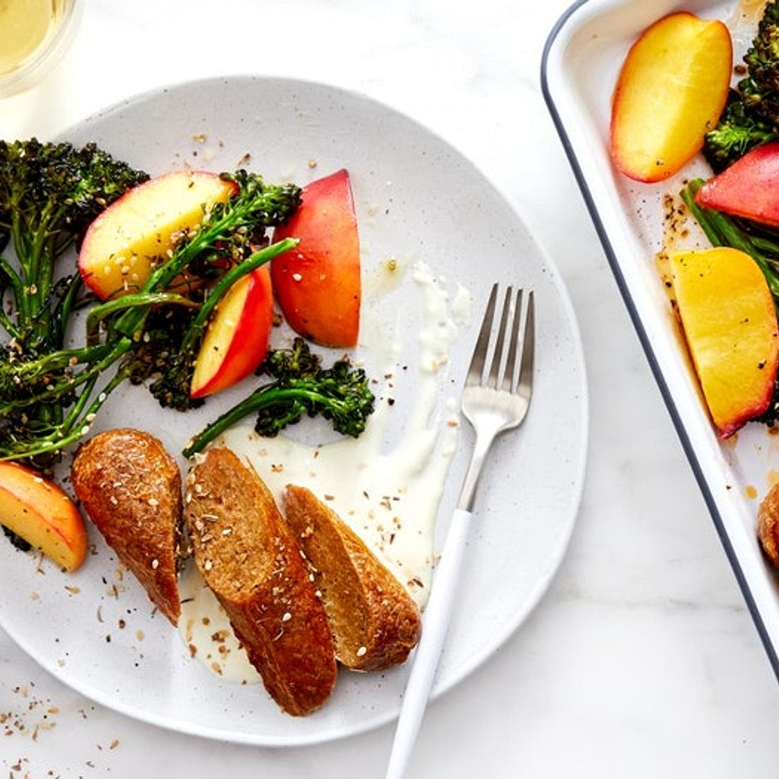 Sheet-Pan Veggie Sausages with Peaches & Broccoli