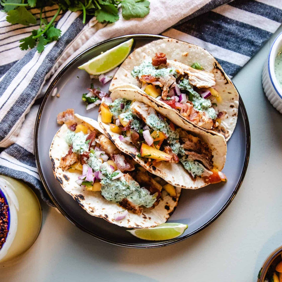 Blackened Mahi-Mahi Tacos with Peach Pico de Gallo and Cilantro Lime Sauce