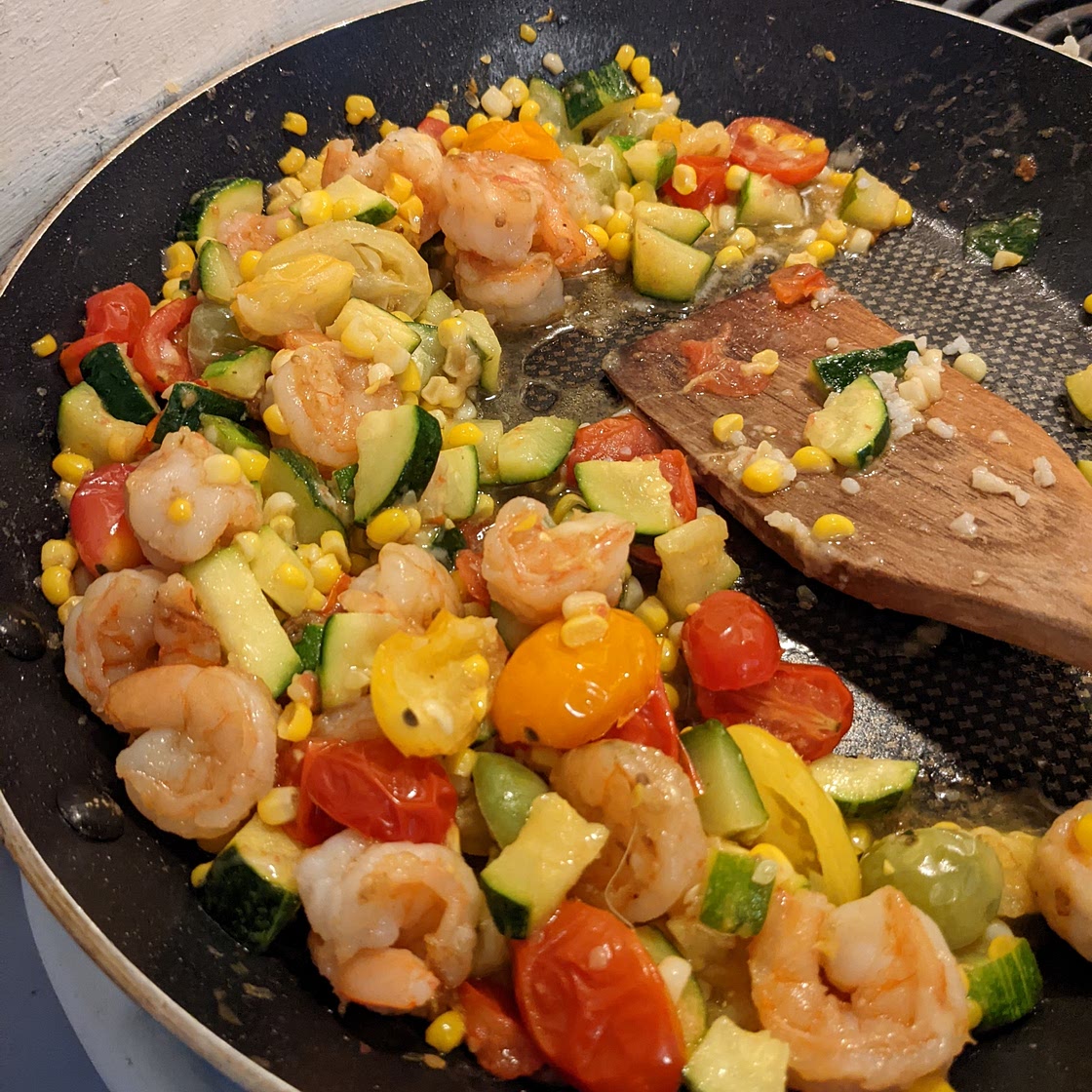 Shrimp, Zuccinni, Corn, Tomato Stir Fry