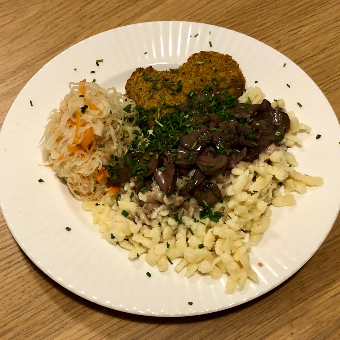 31. Meat-free Schnitzel with Spätzle and Sauerkraut 