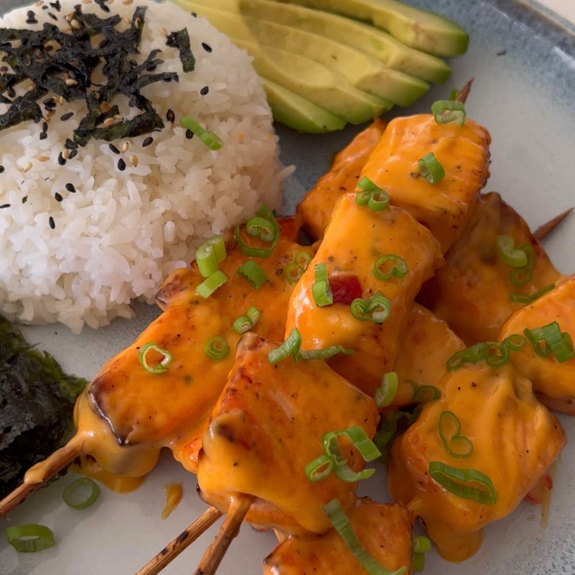 Bang Bang salmon skewers