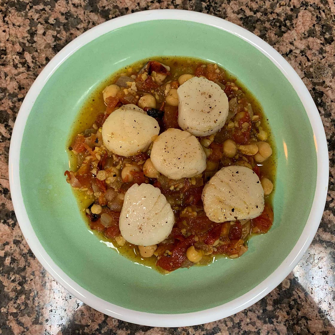 Scallops on Roasted Tomato Chickpeas
