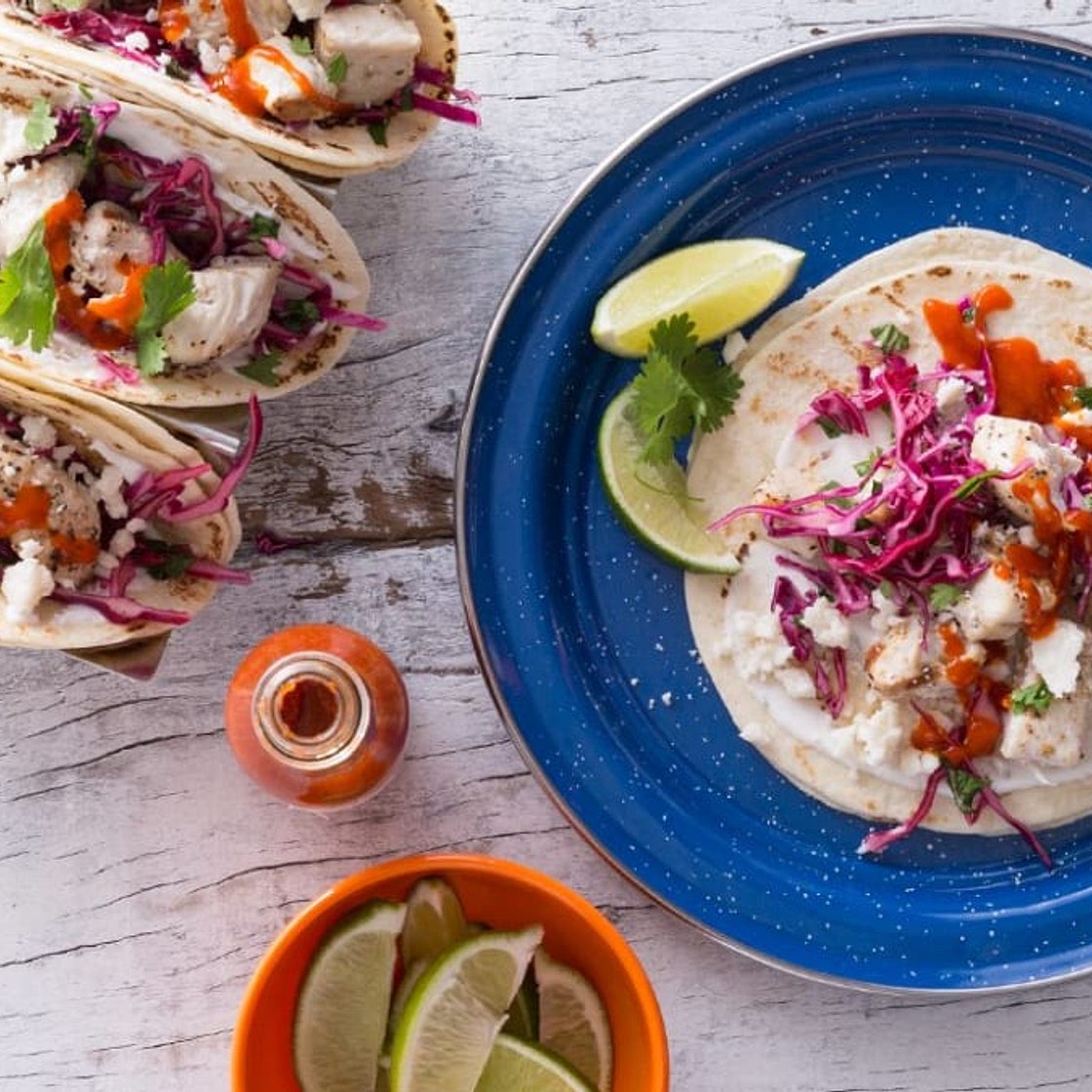 Grilled Tequila-Lime Fish Tacos with Cilantro-Lime Crema