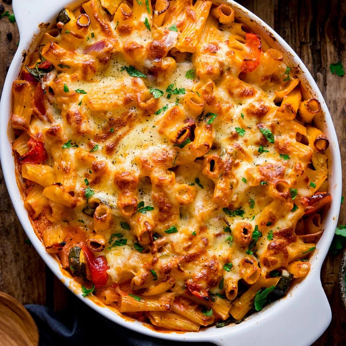 Oven Baked Mushrooms and Peas Pasta