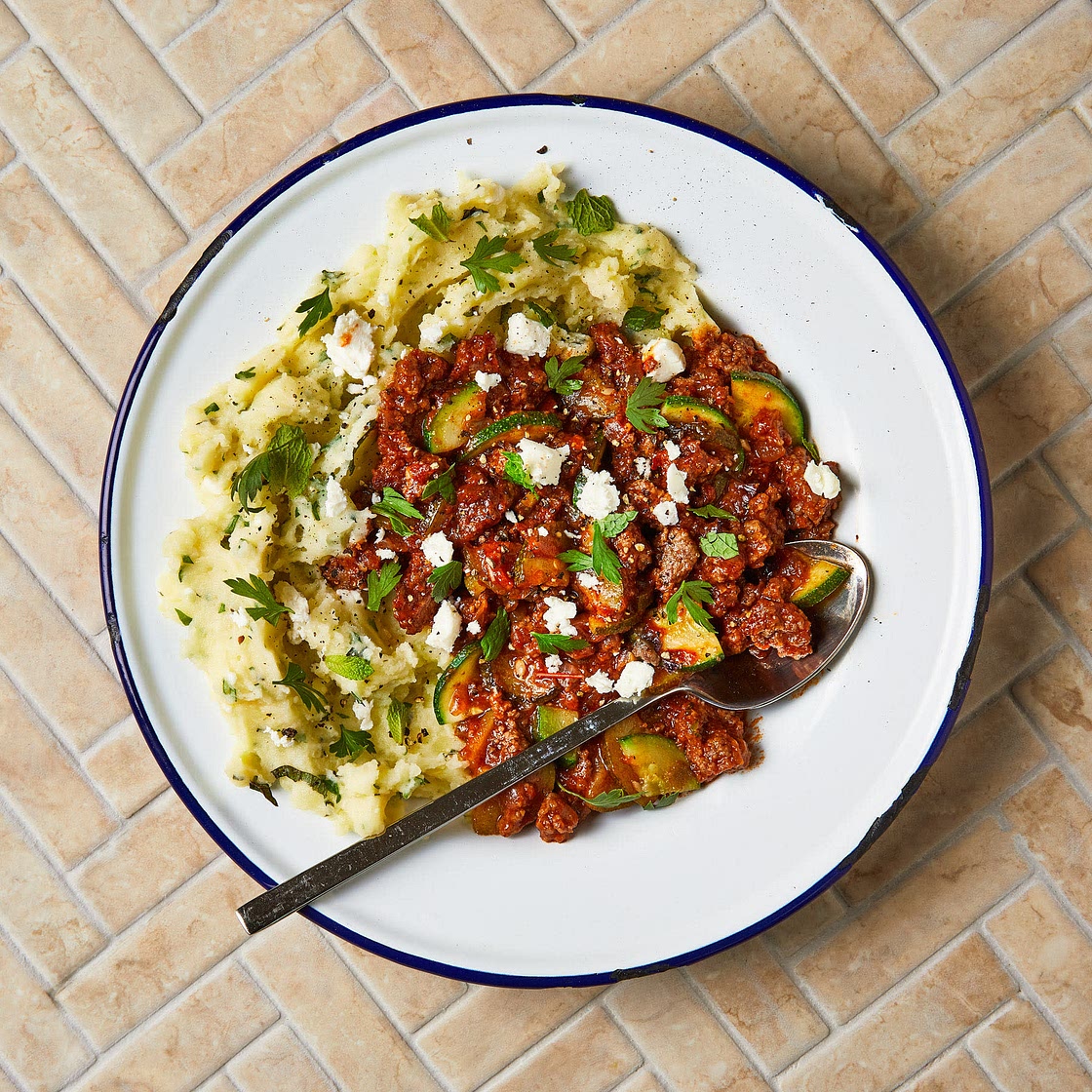 harissa beef mince ragù with herby feta mash