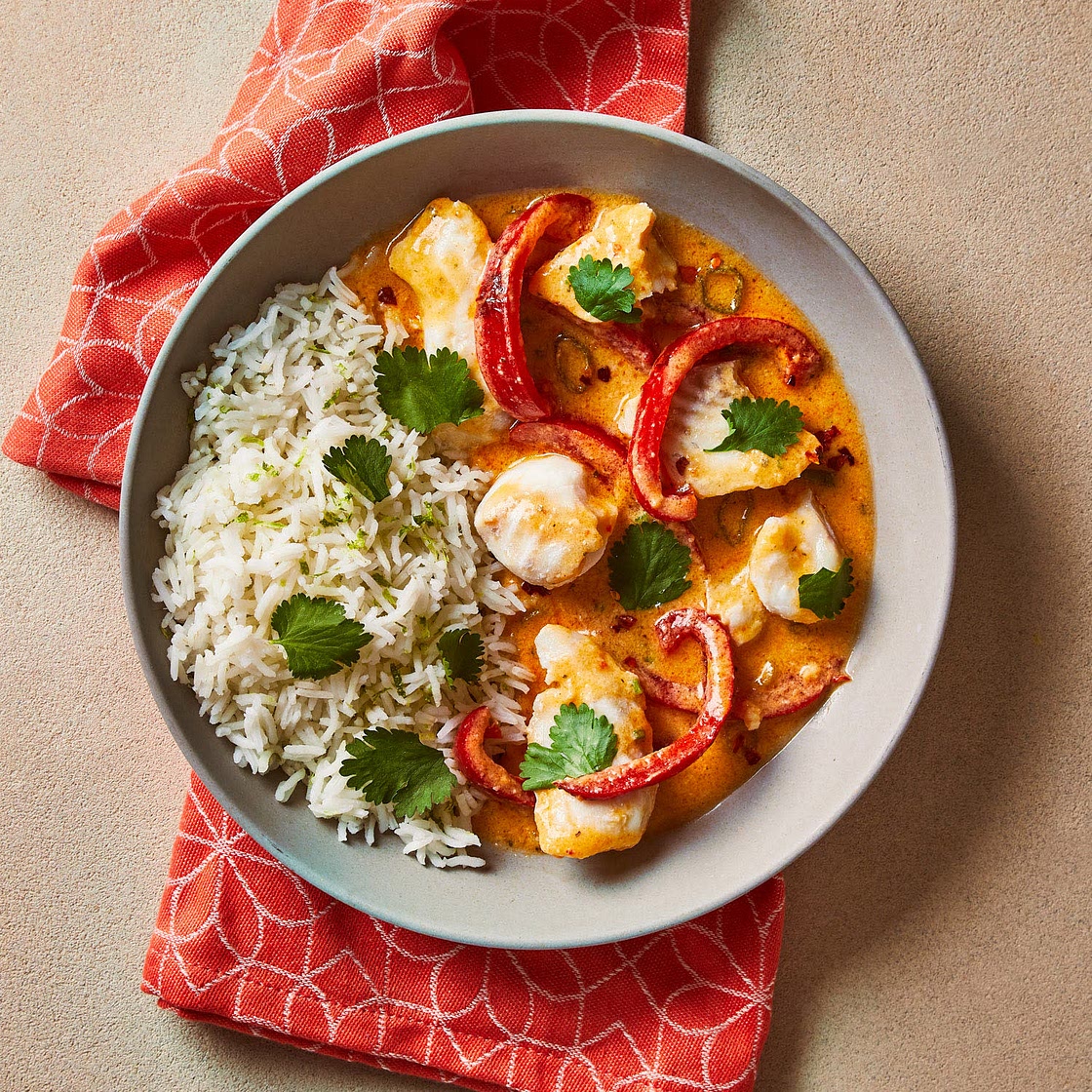 Brazilian-style haddock moqueca with zesty lime rice