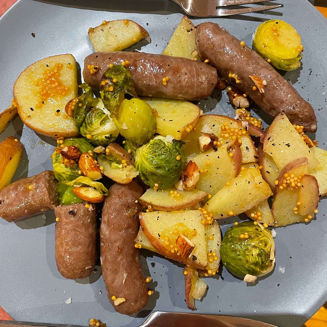 Sheet-Pan Sausages and Brussels Sprouts With Honey Mustard