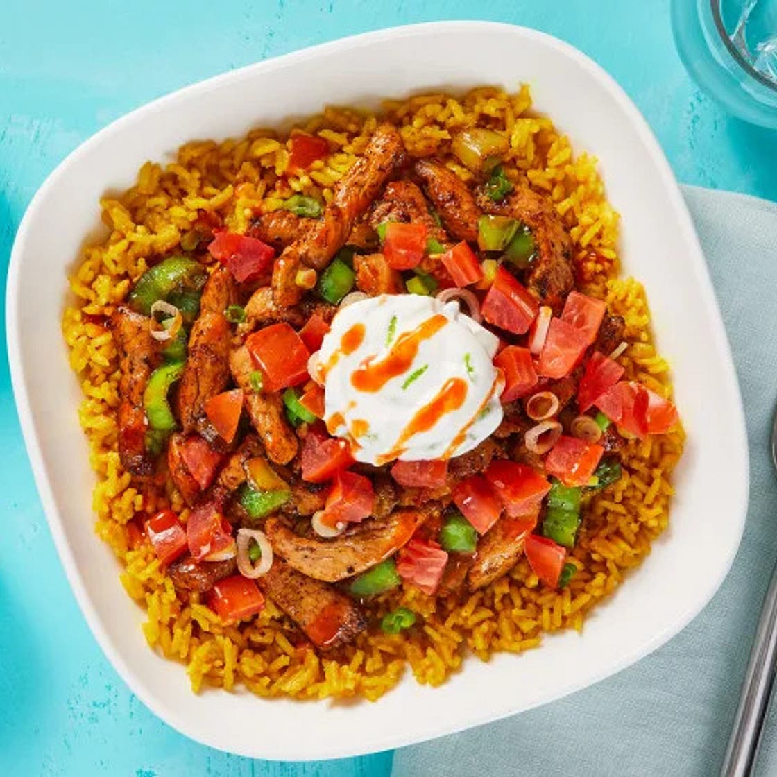 Mexican Chicken & Rice Bowls with Salsa Fresca & Lime Sour Cream