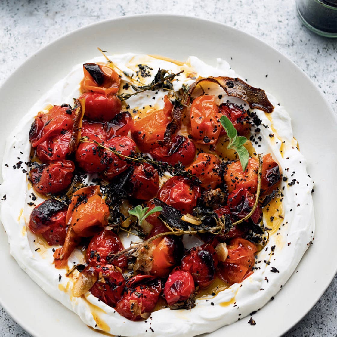 Hot charred cherry tomatoes with cold yoghurt 