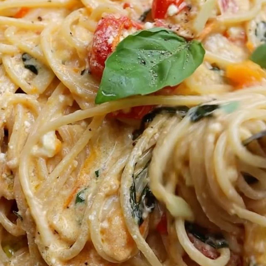 Confit tomato &amp; mascarpone spaghetti 🍝 this is a SOLID 10/10 so do your tastebuds a favour and make it asap xo 2 servings: 250g dried spaghetti 300g good quality cherry tomatoes 4 garlic cloves peeled 5tbsp extra virgin olive oil 200g mascarpone Handf