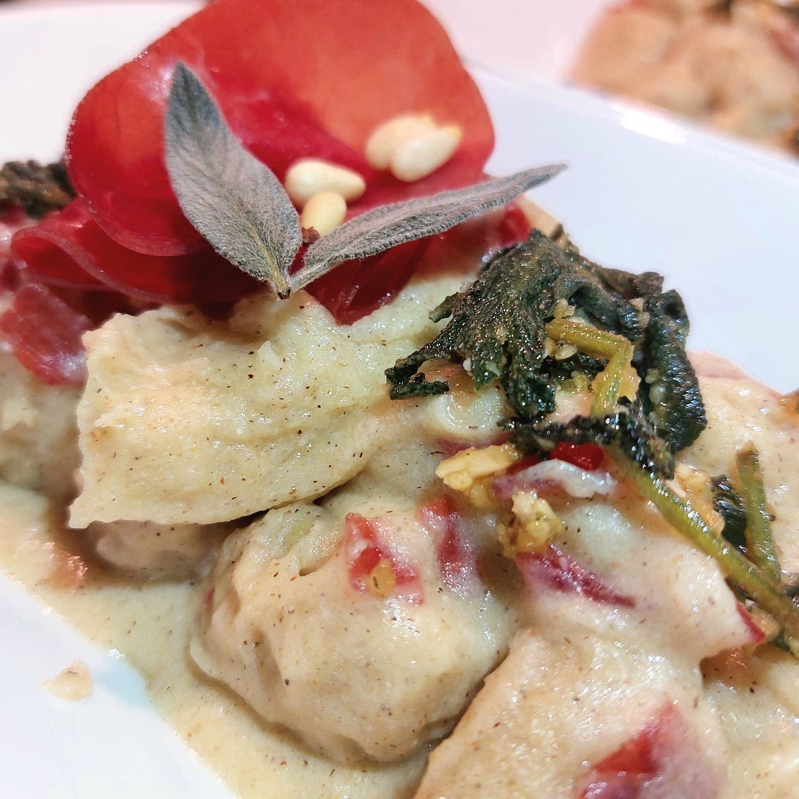 Buckwheat gnocchi - Bresaola, sage pesto and buckwheat cream.