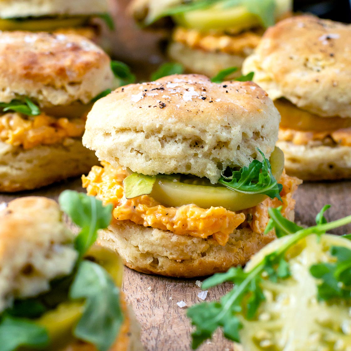Buttermilk Biscuits with Pimento Cheese and Pickle Green Tomatoes — b. sweet