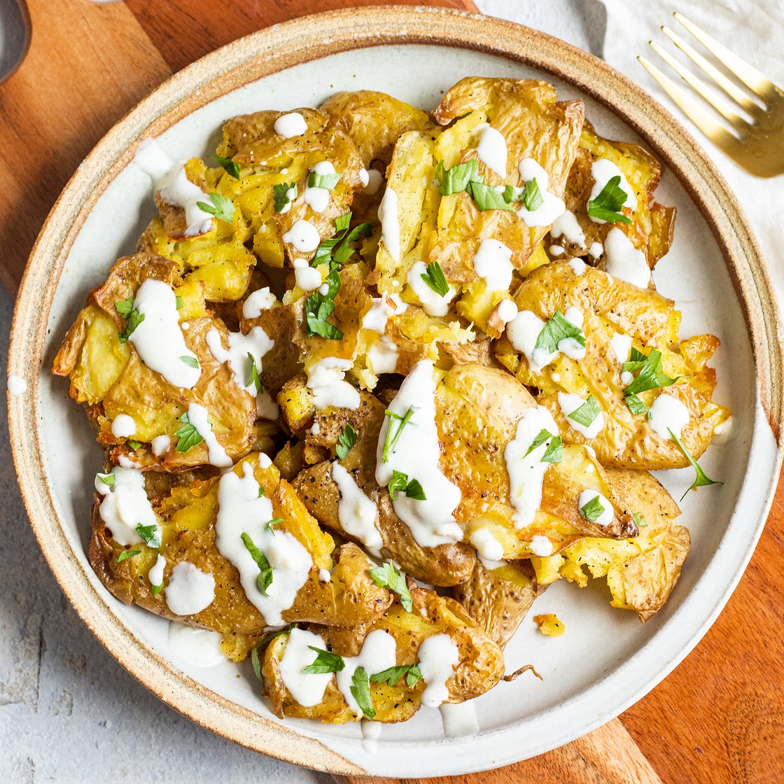 Crispy Baked Salt and Vinegar Smashed Fingerlings with Lemon Yogurt Sauce