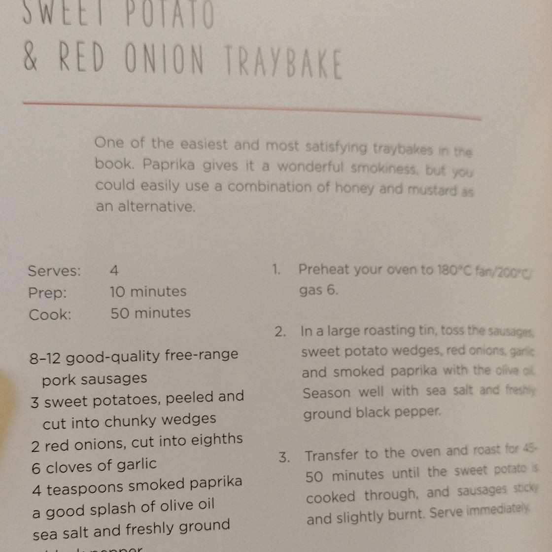 Smoky sausage & red onion tray bake.