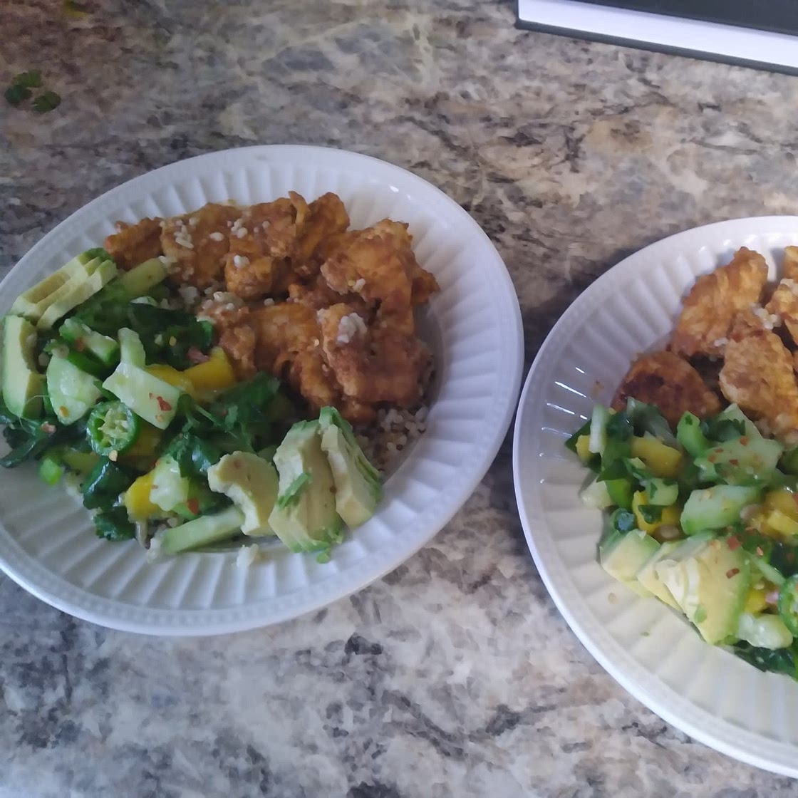 Chili Crisp Chicken Mango Cucumber Rice Bowl