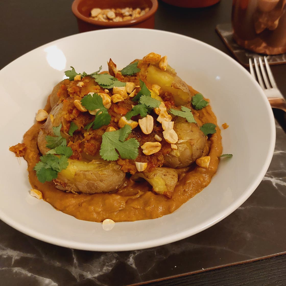 Smashed Sambal Potatoes with Satay
