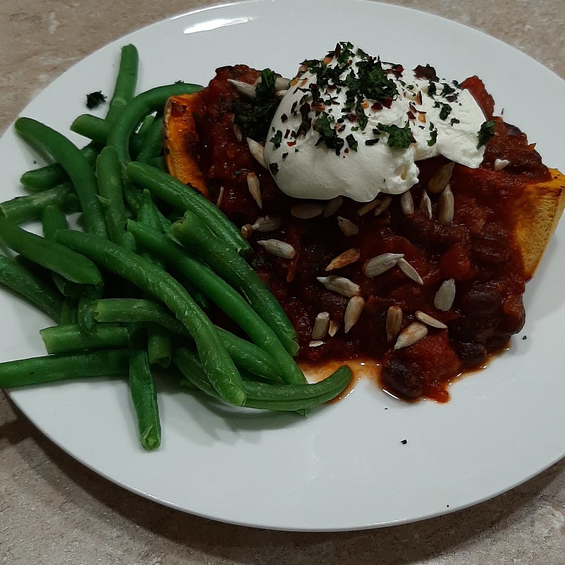 Roasted Butternut Pumpkin with Black Bean Chilli