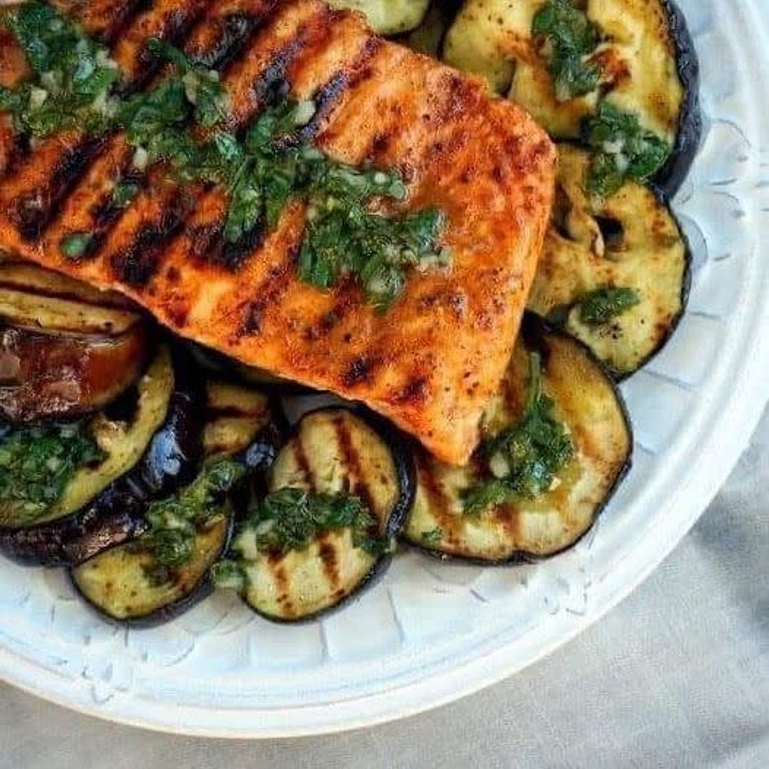 Fiery Salmon with Grilled Zucchini and Eggplant