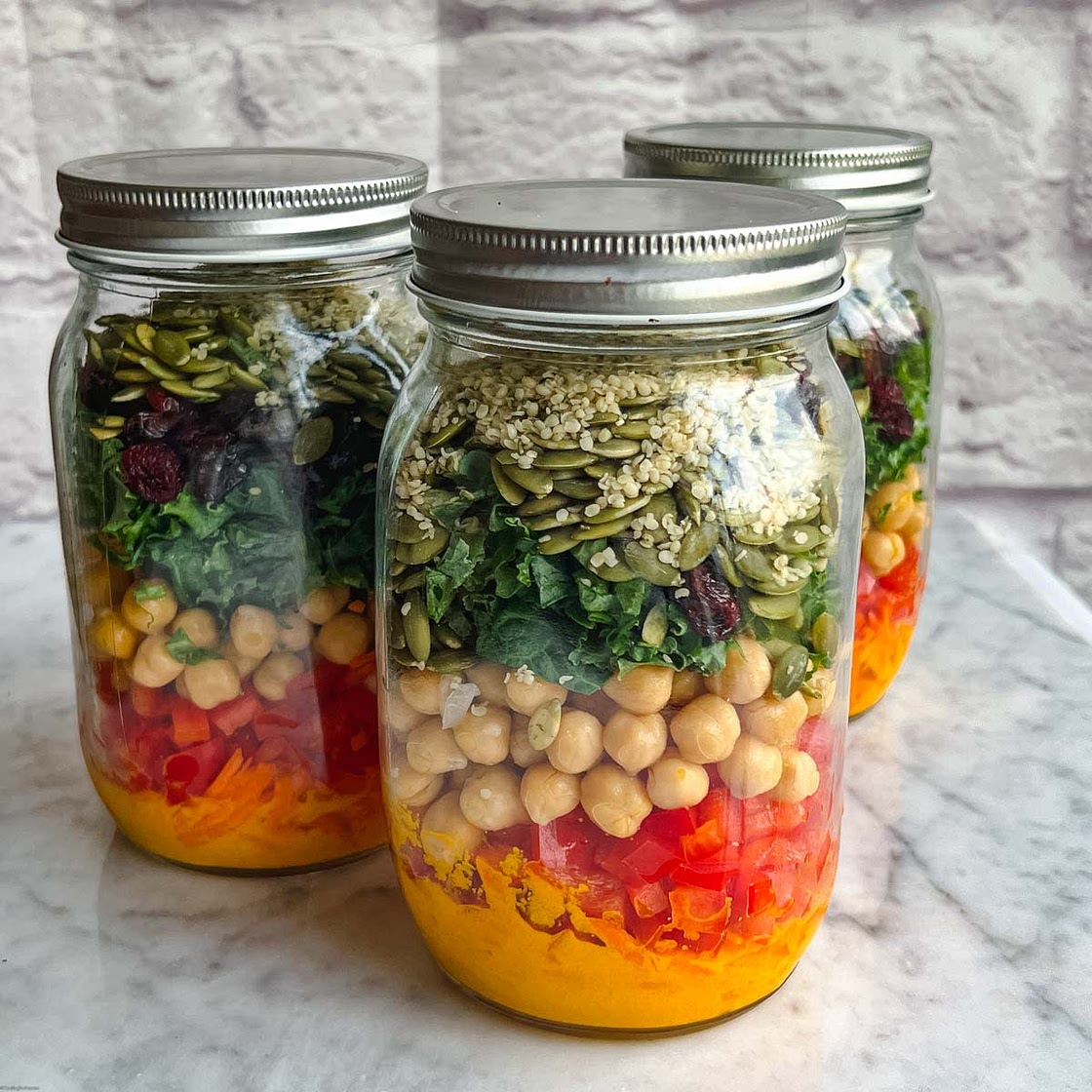 Kale Salad with Chickpeas Mason Jars